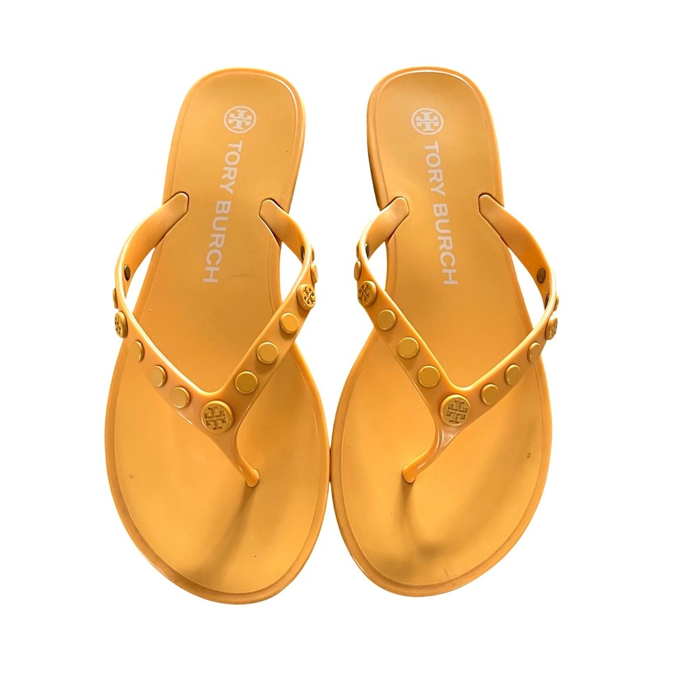 Tory Burch Jelly Flip Flops Womens 7 Yellow Studded Logo Medallion Beach Sandals